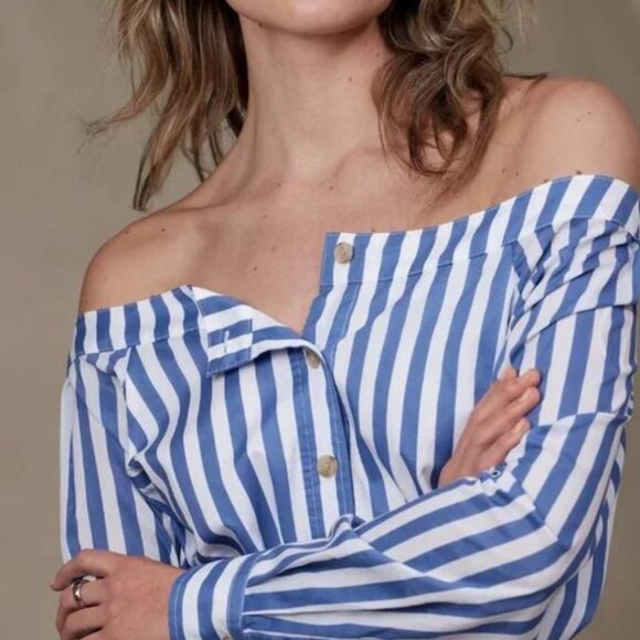 NWT Banana Republic Off The Shoulder Midi Shirt Dress Blue Stripe - Picture 3 of 7